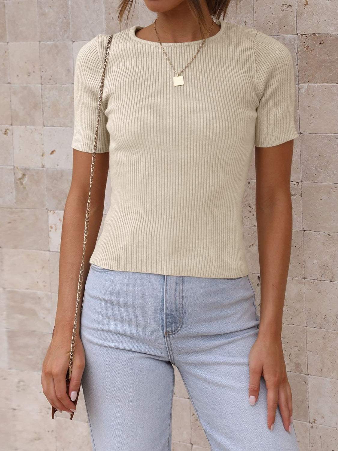 Round Neck Short Sleeve Knit Top - Trendsi - Flyclothing LLC