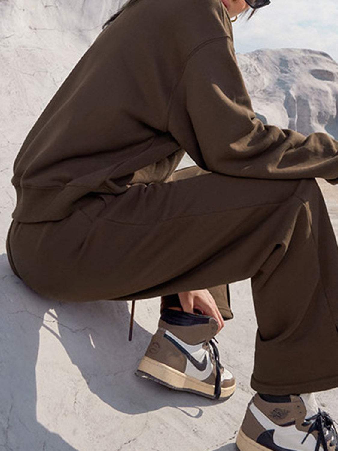 Round Neck Long Sleeve Top and Elastic Waist Pants Set - Trendsi - Flyclothing LLC