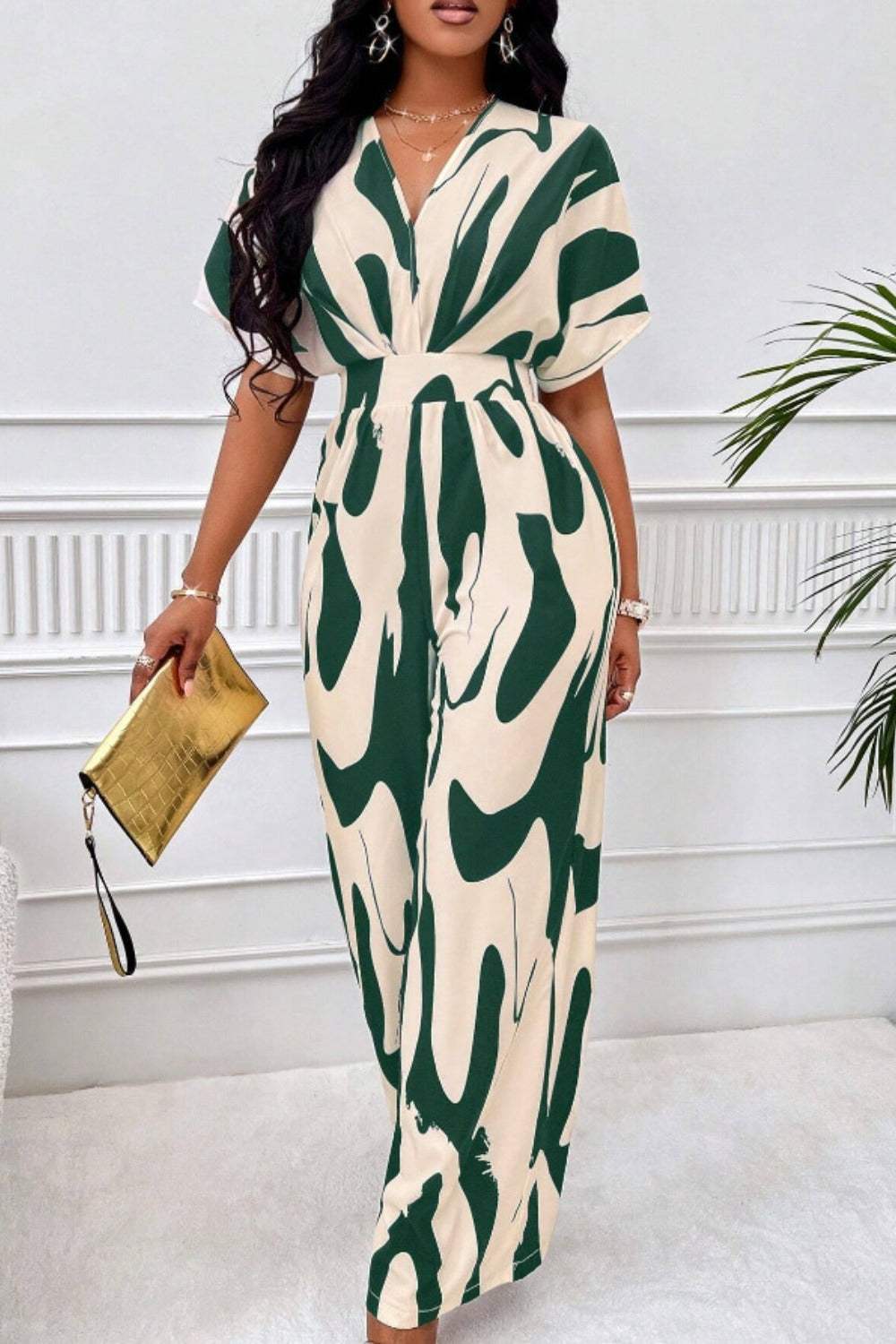 Printed V-Neck Short Sleeve Wide Leg Jumpsuit - Trendsi - Flyclothing LLC