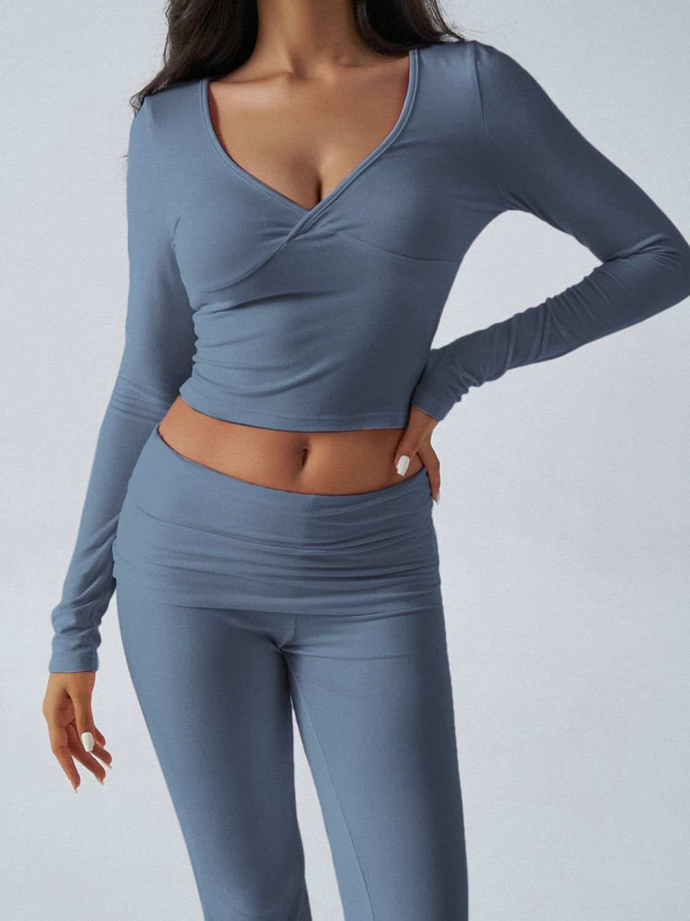 Devine Ruched Long Sleeve Top and Pants Set - Trendsi - Flyclothing LLC