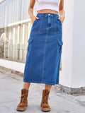Slit Midi Denim Skirt with Pockets - Trendsi