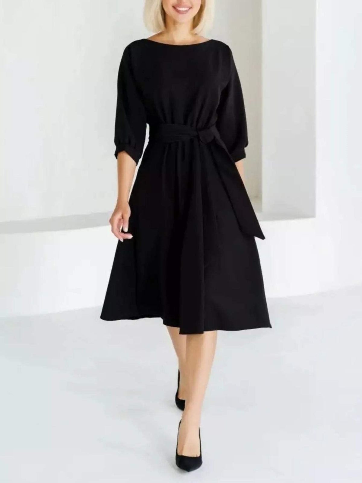 Elegant Belted Waist Midi Dress - Trendsi - Flyclothing LLC
