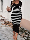 Striped V-Neck Long Sleeve Sweater Dress - Trendsi - Flyclothing LLC