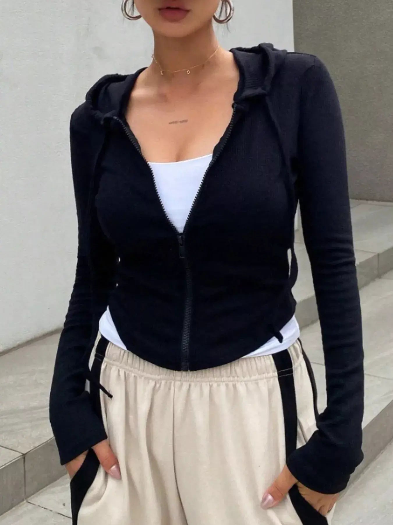 Ribbed Knit Cropped Zip-Up Outerwear - Trendsi - Flyclothing LLC