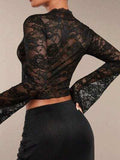 V-Neck Flare Sleeve Lace Top - Trendsi - Flyclothing LLC