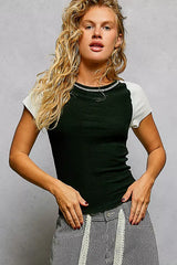 POL Round Neck Outseam Detail T-Shirt with Contrast Color Sleeves - Trendsi - Flyclothing LLC