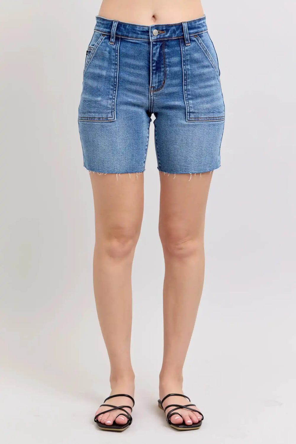Judy Blue Full Size Mid Rise Bermudas Denim Shorts W/ Back Flap Pockets Plus Size - Trendsi