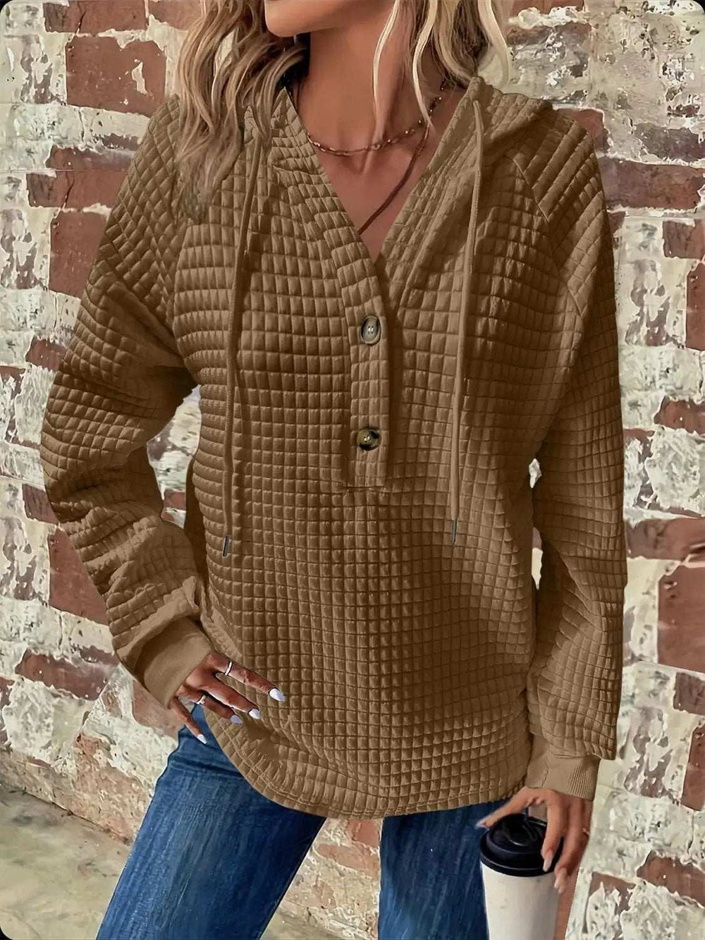 Full Size Texture Button Detail Drawstring Long Sleeve Hoodie - Trendsi - Flyclothing LLC