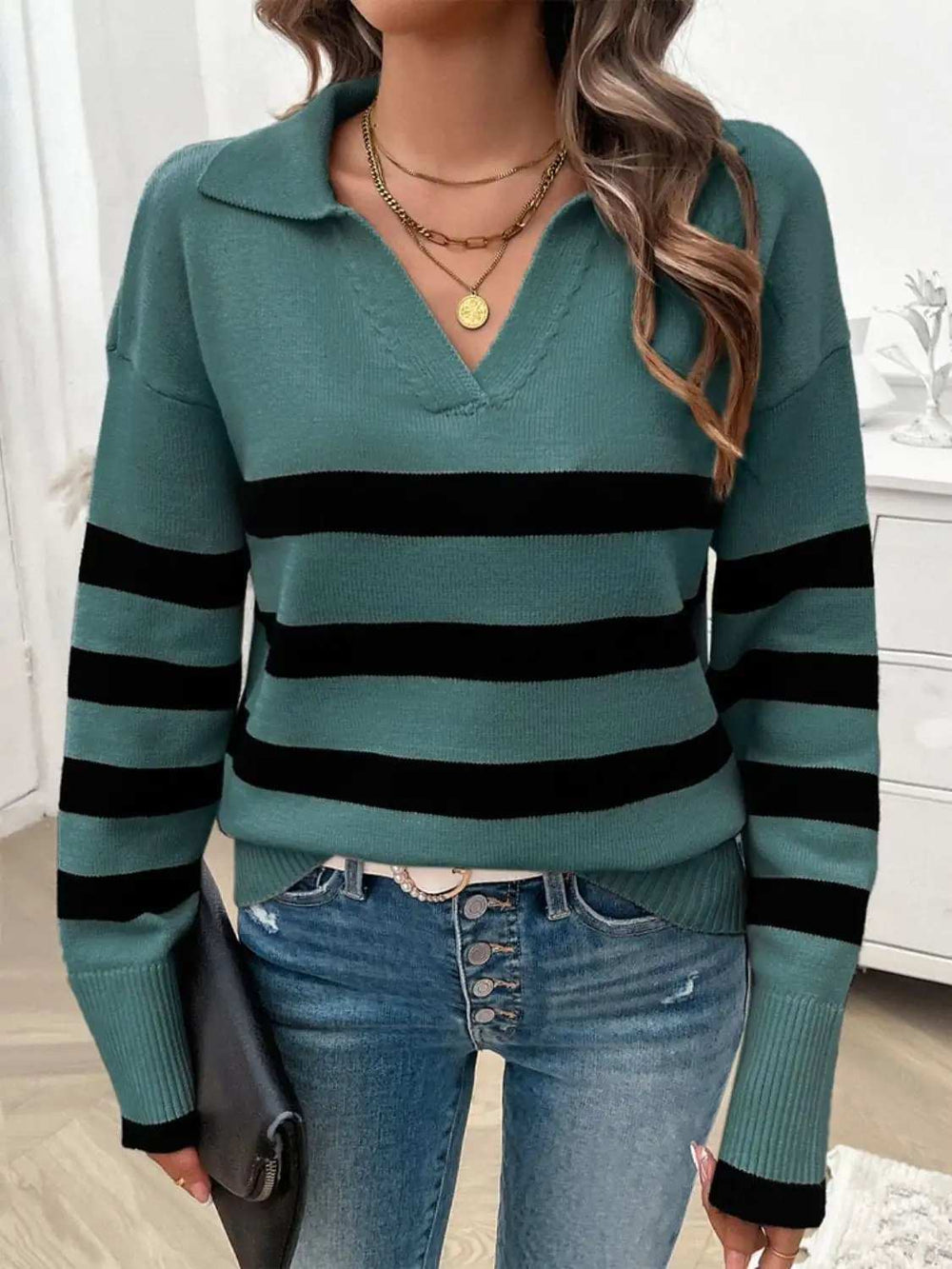 Striped Collared Neck Long Sleeve Sweater - Trendsi - Flyclothing LLC