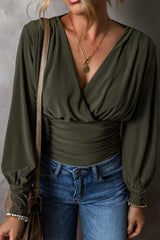 Ruched Surplice Long Sleeve Bodysuit - Trendsi - Flyclothing LLC
