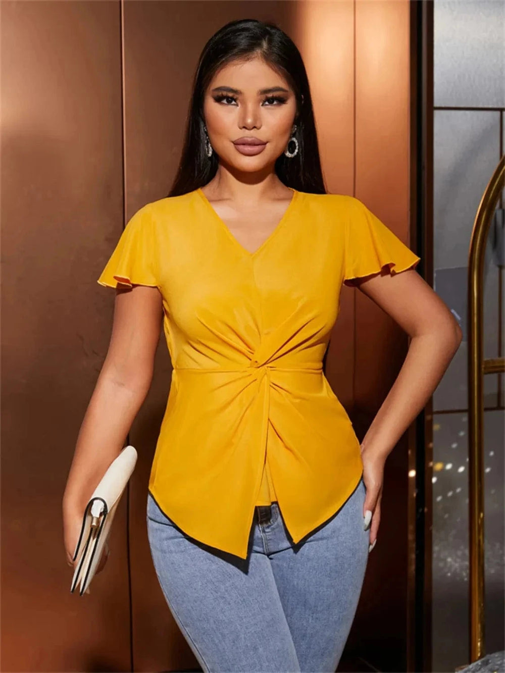 Twisted Solid V-Neck Cap Sleeve Blouse - Trendsi