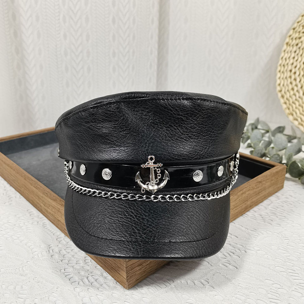 Punk Chain Rivet PU Newsboy Hat, Cool And Bold Girl Style Navy Hat, Halloween Dark-themed Outfit Hat