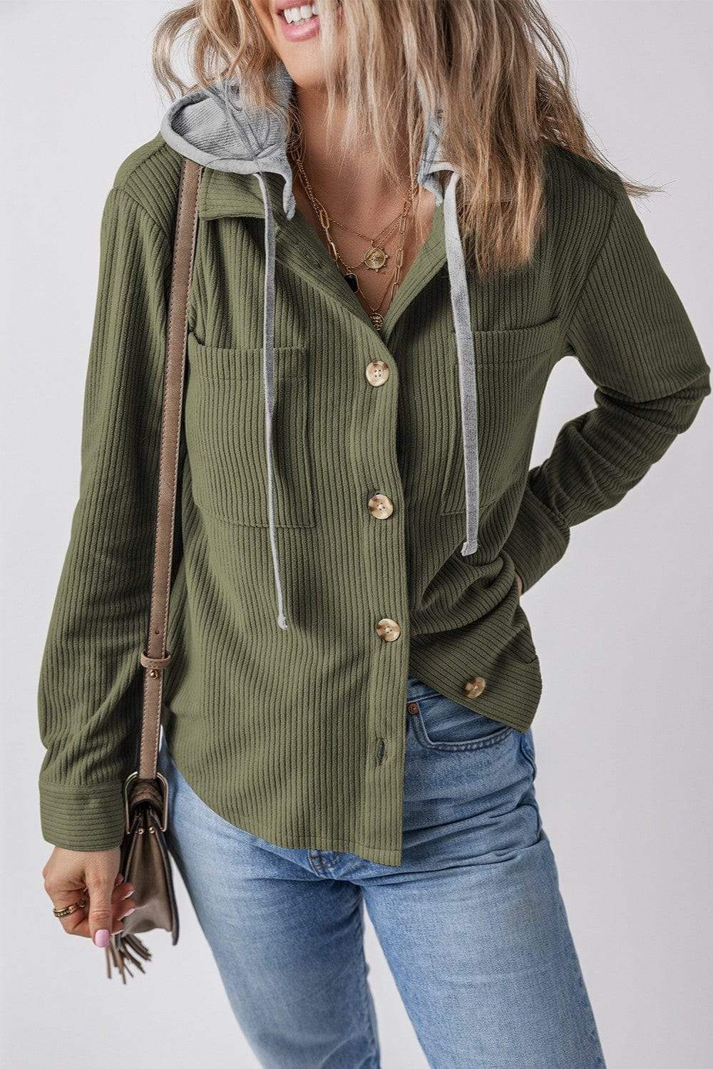 Drawstring Button Up Long Sleeve Hooded Jacket - Trendsi - Flyclothing LLC