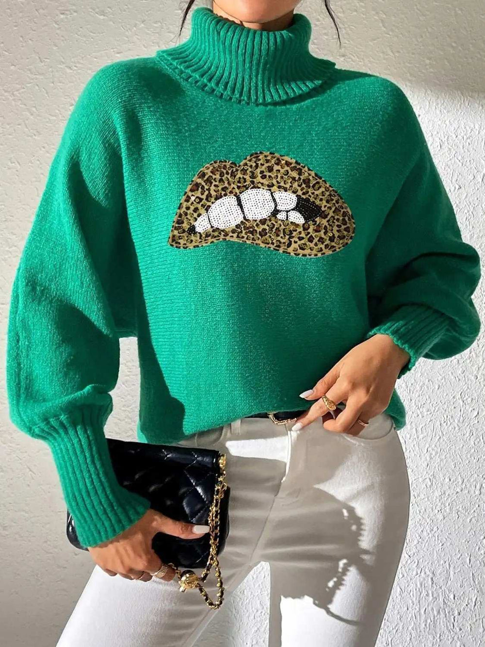 Lip Turtleneck Long Sleeve Sweater - Trendsi - Flyclothing LLC