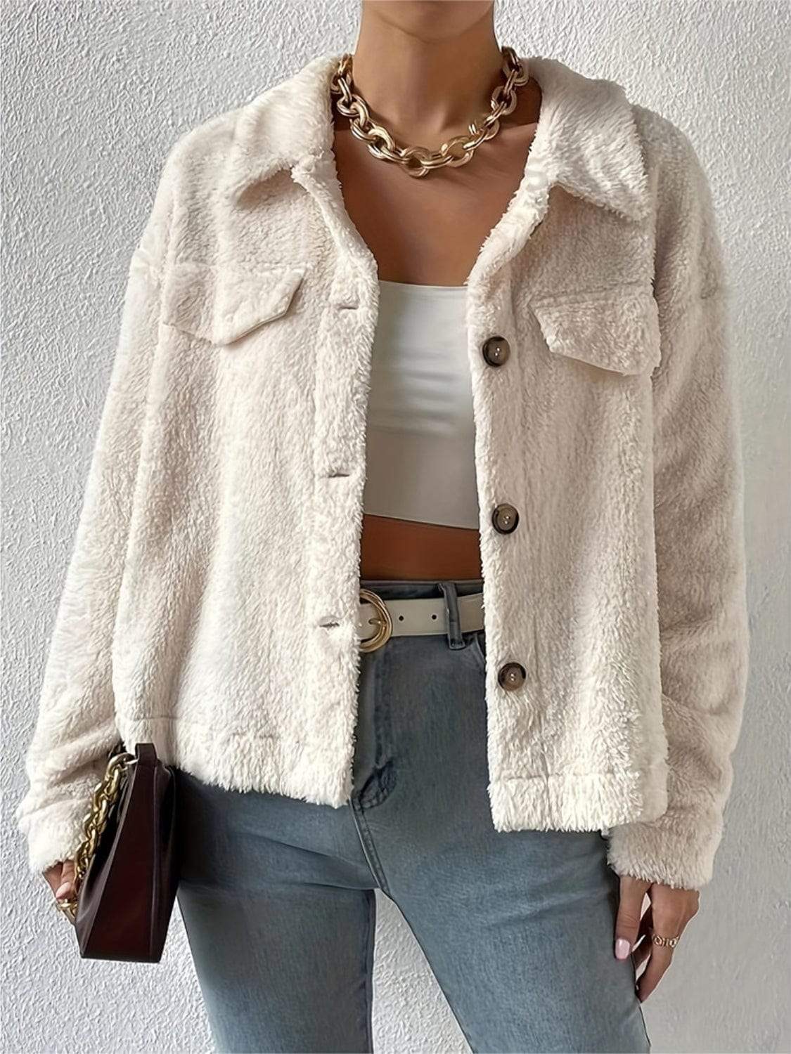 Collared Neck Button Up Jacket with Decorative Pocket Flaps - Trendsi - Flyclothing LLC