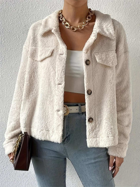 Collared Neck Button Up Jacket with Decorative Pocket Flaps - Trendsi - Flyclothing LLC