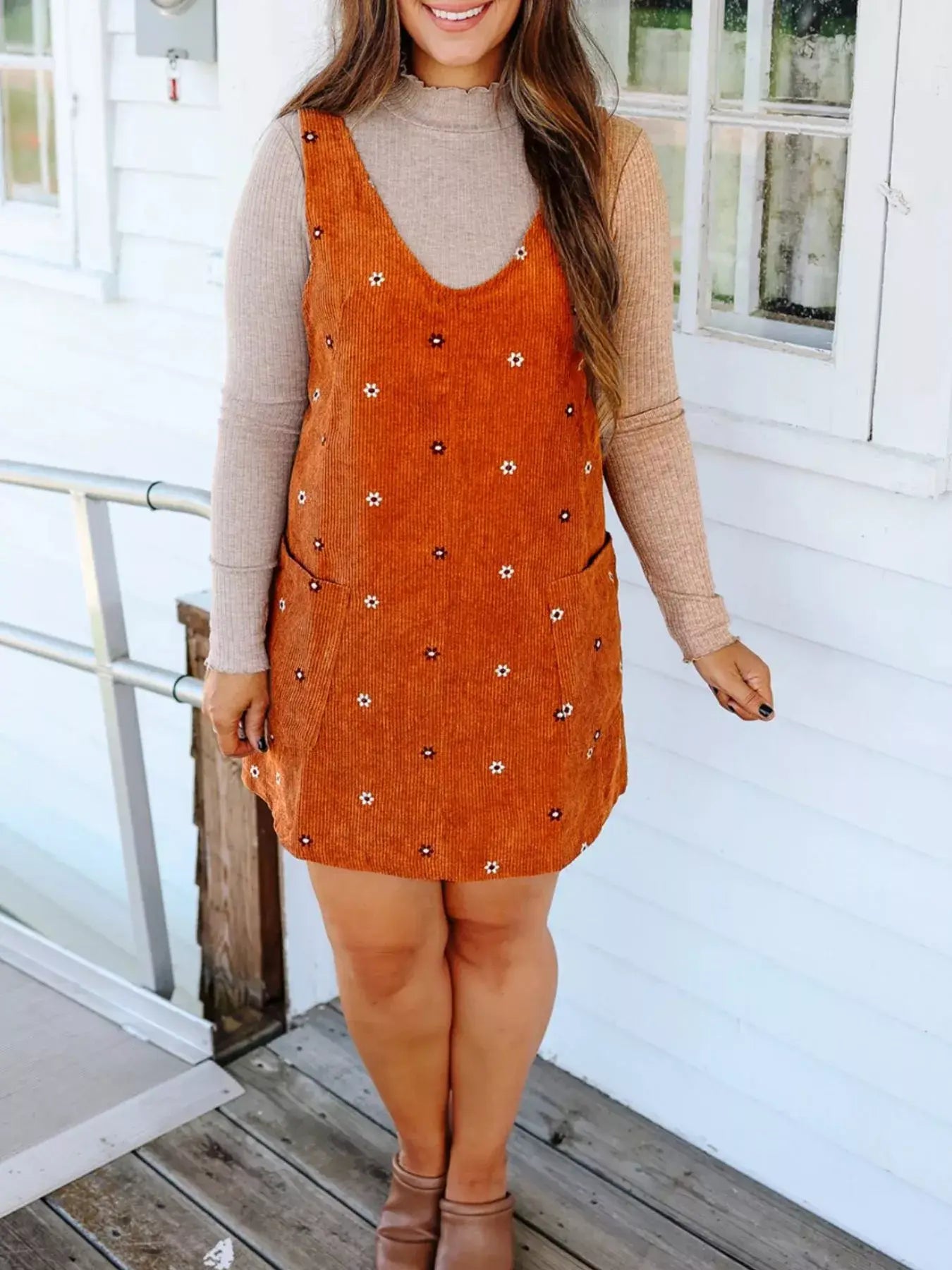 Floral Corduroy Overall Dress - Trendsi - Flyclothing LLC