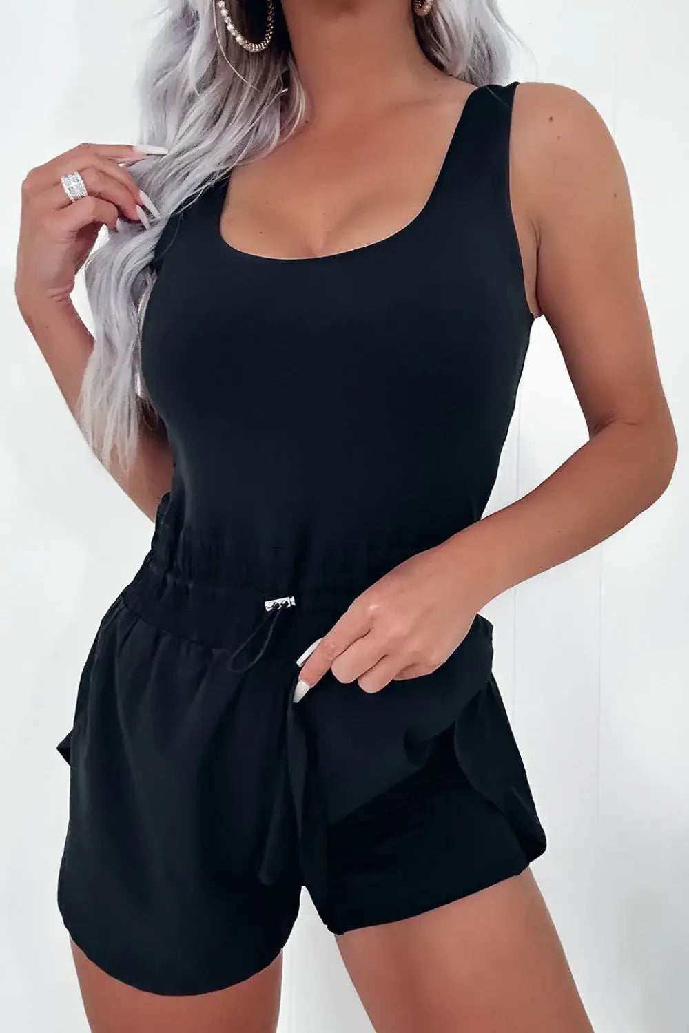 Drawstring Waist Scoop Neck Romper - Trendsi - Flyclothing LLC