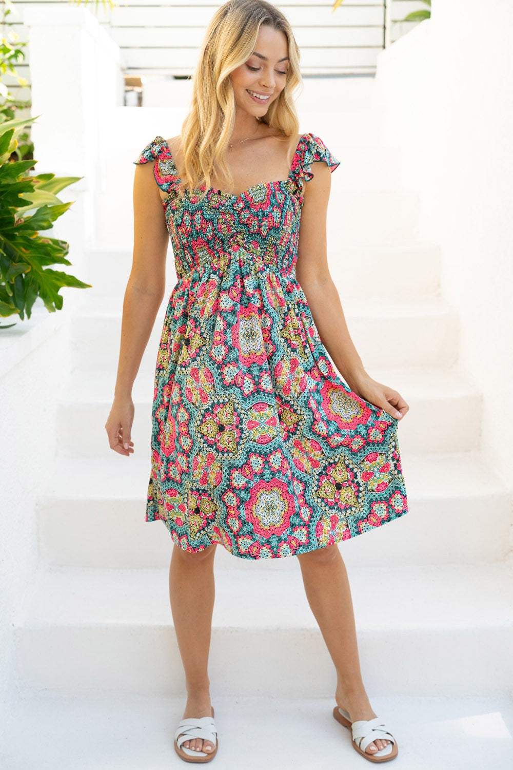 White Birch Printed Smocked Sleeveless Dress - Trendsi - Flyclothing LLC