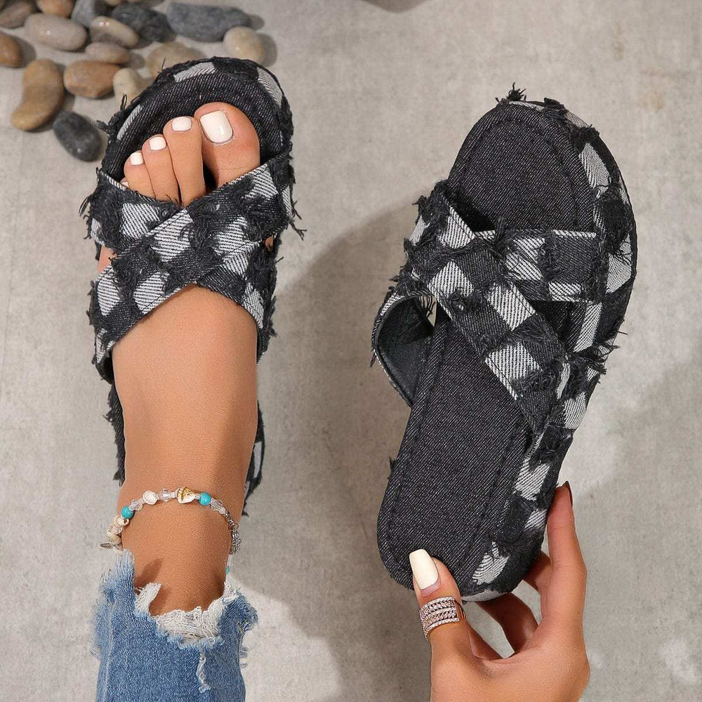 Checkered Raw Hem Open Toe Platform Sandals - Trendsi - Flyclothing LLC