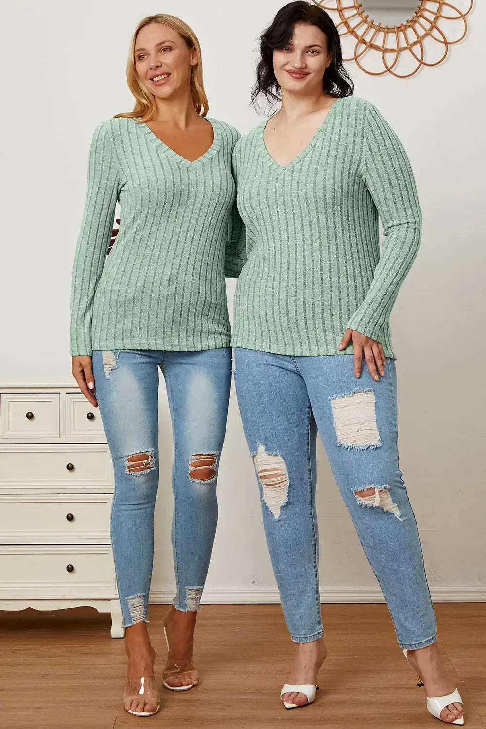 Basic Bae Full Size Ribbed V-Neck Long Sleeve T-Shirt - ShopBasicbae - Flyclothing LLC