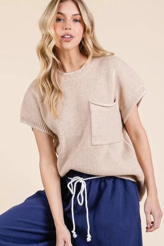 Lime 'N' Chili Solid Cap Sleeve Stitch Edge Knit Sweater - Trendsi