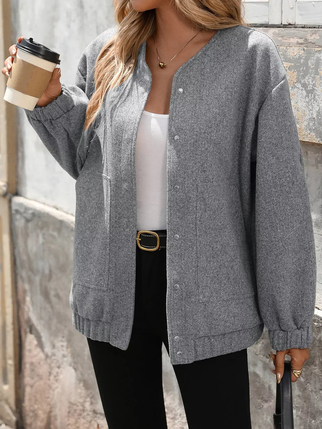 Snap Down Dropped Shoulder Jacket - Trendsi - Flyclothing LLC