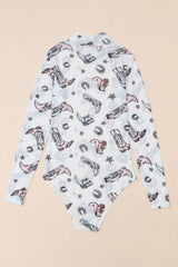 Printed Mock Neck Long Sleeve Bodysuit - Trendsi - Flyclothing LLC