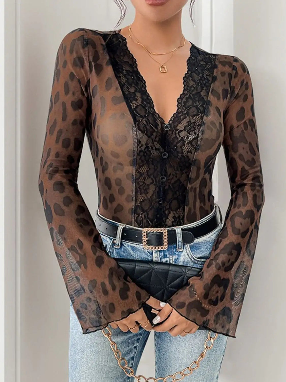 Perfee Leopard V-Neck Lace Bodysuit - Trendsi