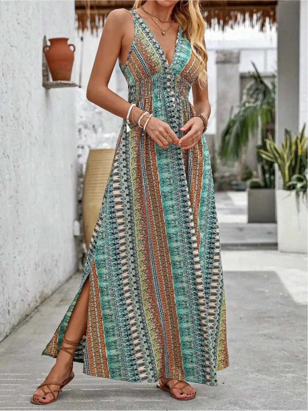 Tied Back Printed Sleeveless Maxi Slit Dress - Trendsi - Flyclothing LLC