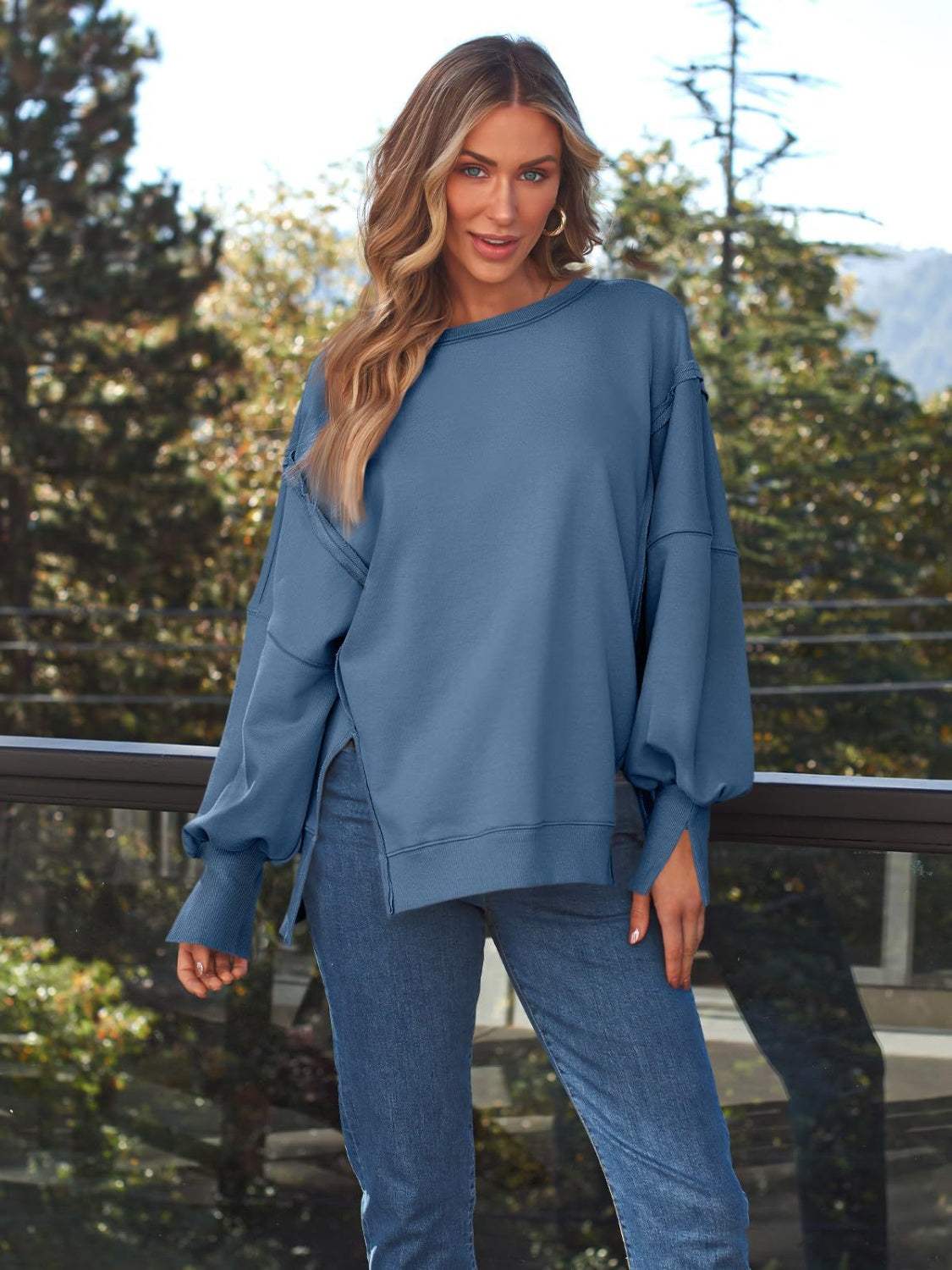 Slit Round Neck Long Sleeve Sweatshirt - Trendsi - Flyclothing LLC