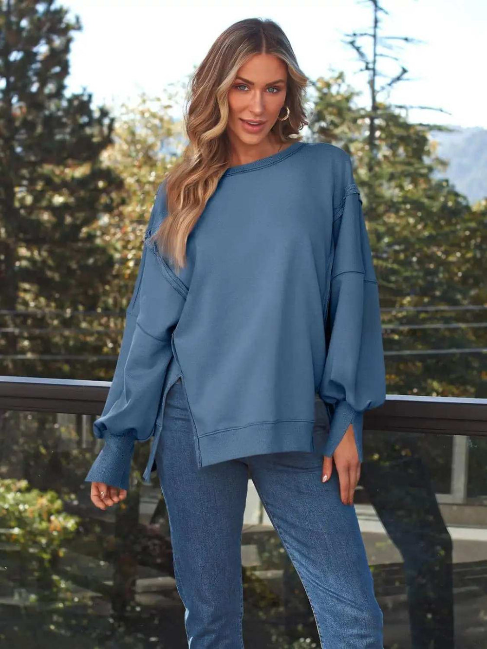 Slit Round Neck Long Sleeve Sweatshirt - Trendsi - Flyclothing LLC
