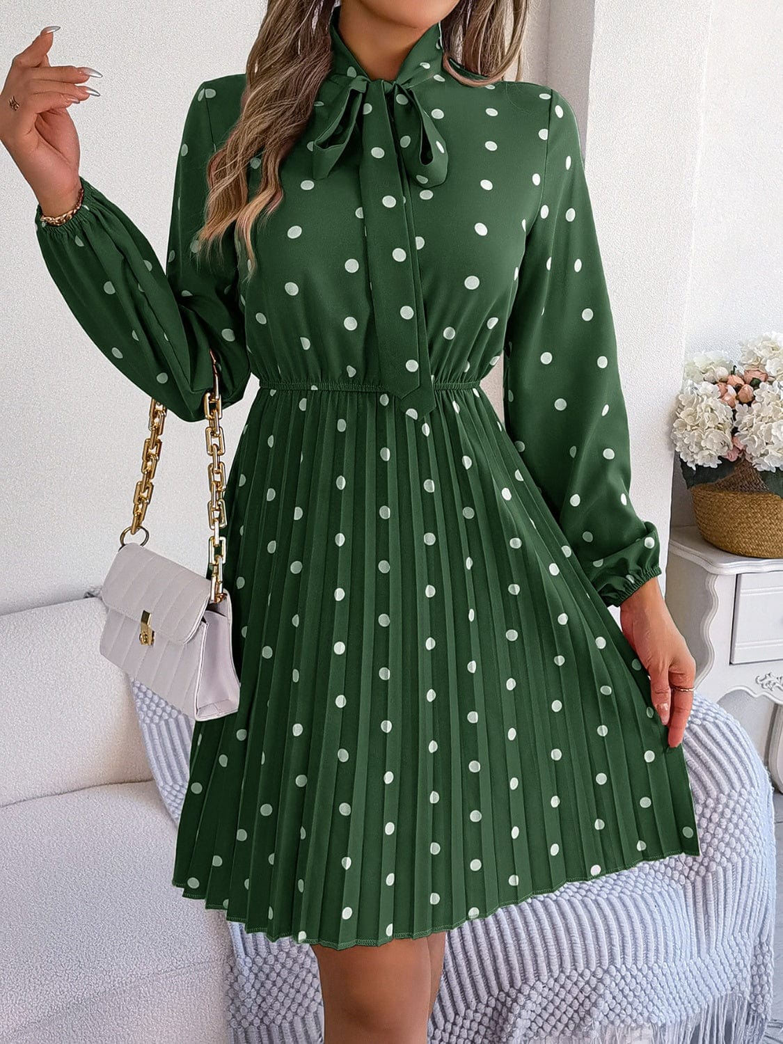 Polka Dot Tie Neck Pleated Dress - Trendsi