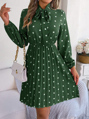 Polka Dot Tie Neck Pleated Dress - Trendsi