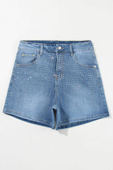 Rhinestone High Waist Denim Shorts - Trendsi - Flyclothing LLC