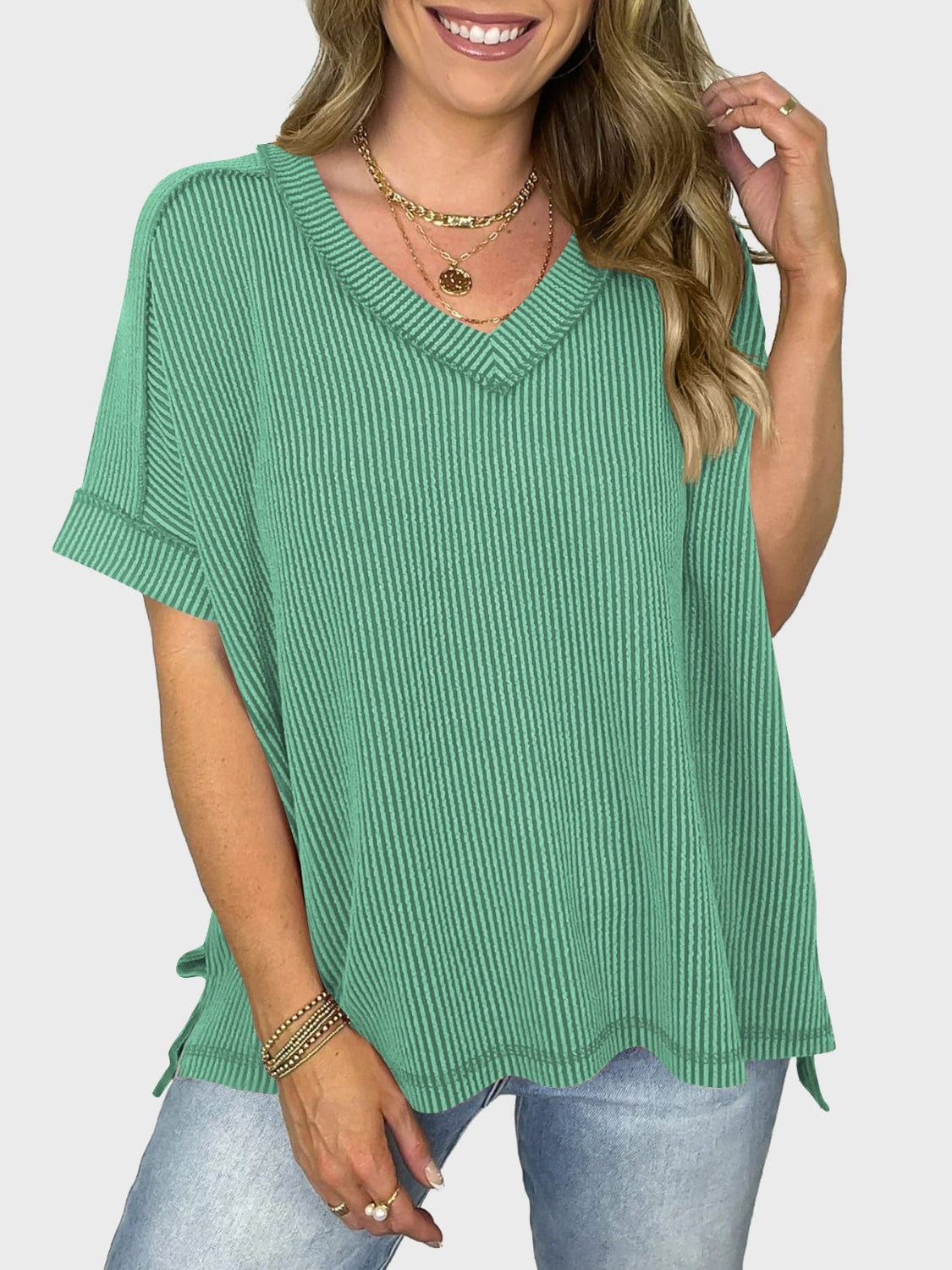 Lovelet Texture V-Neck Half Sleeve T-Shirt - Trendsi