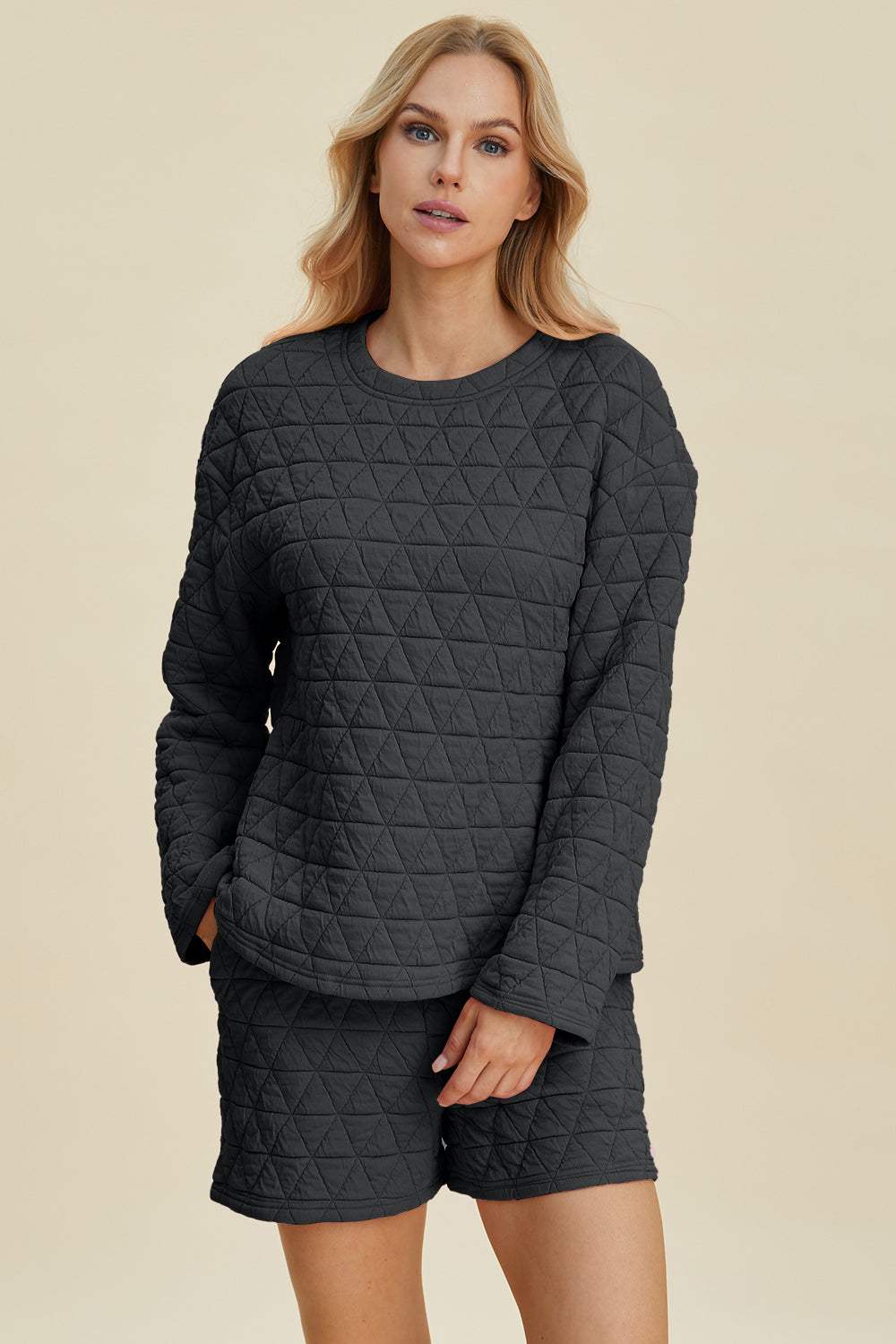 Double Take Full Size Texture Round Neck Long Sleeve Top and Shorts Set - Trendsi - Flyclothing LLC