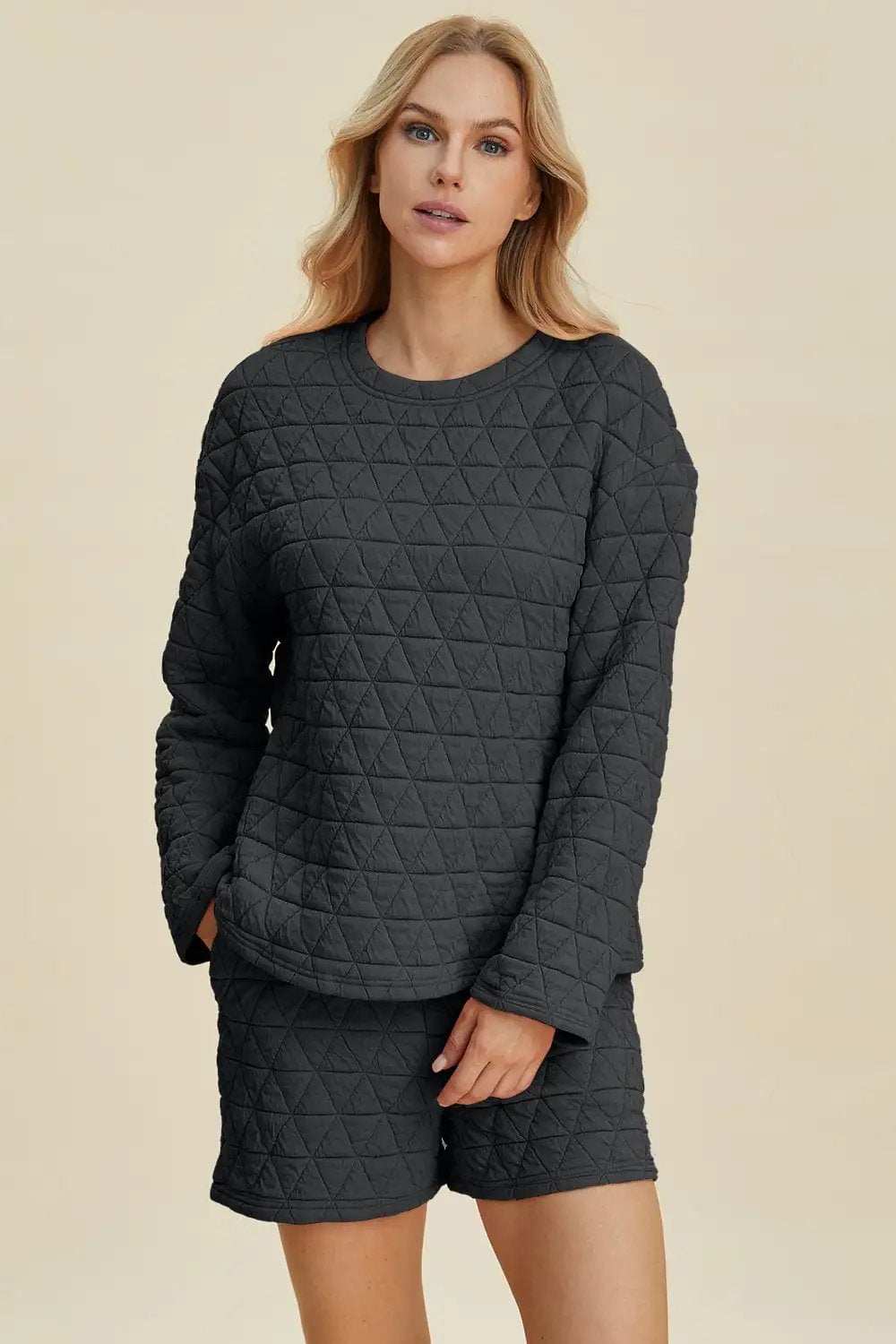 Double Take Full Size Texture Round Neck Long Sleeve Top and Shorts Set - Trendsi - Flyclothing LLC