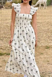 Bow Print Smocked Square Neck Ruffle Tiered Maxi Dress - Trendsi