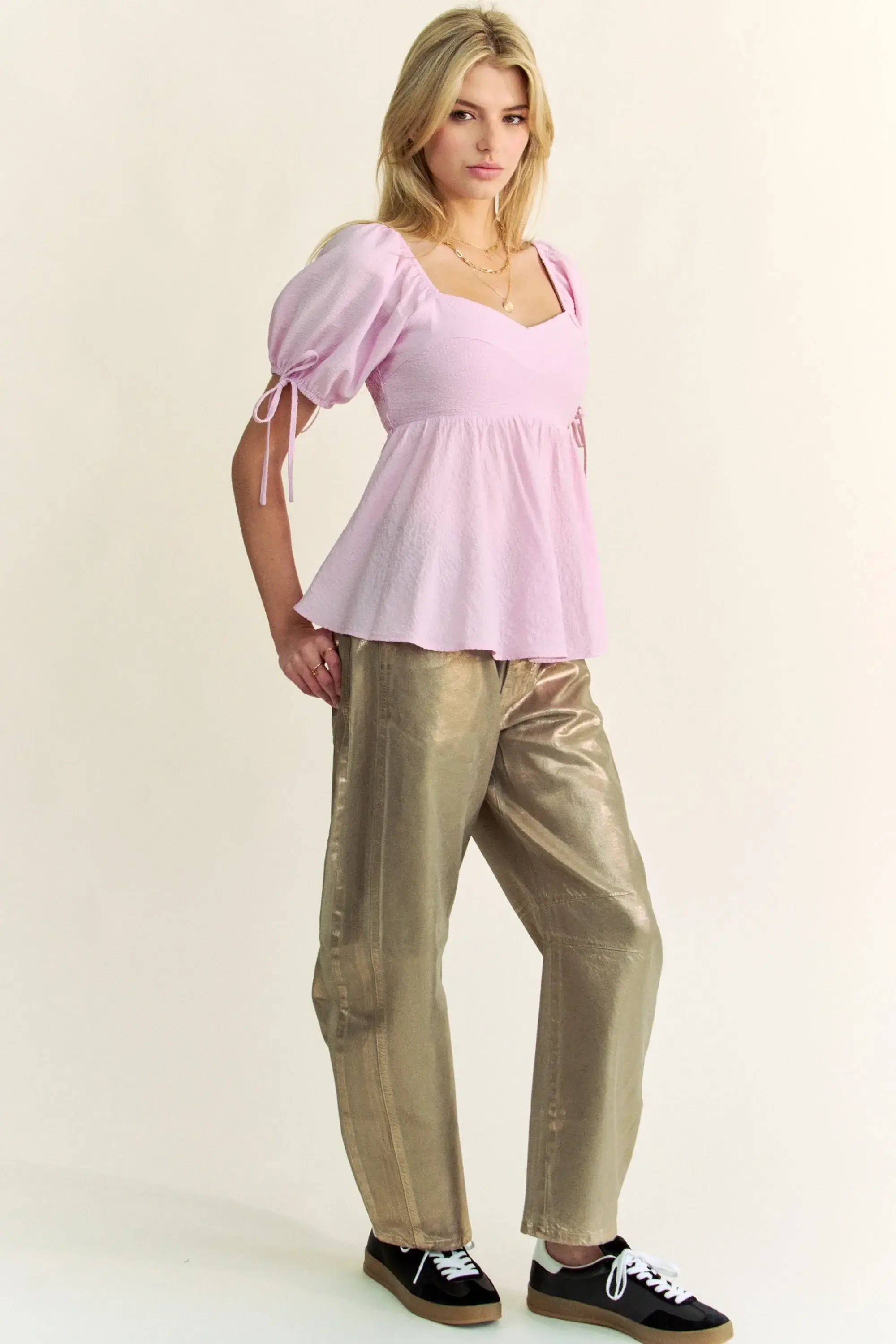Davi & Dani Solid Elastic Peplum Puffed Sleeves Blouse - Trendsi - Flyclothing LLC