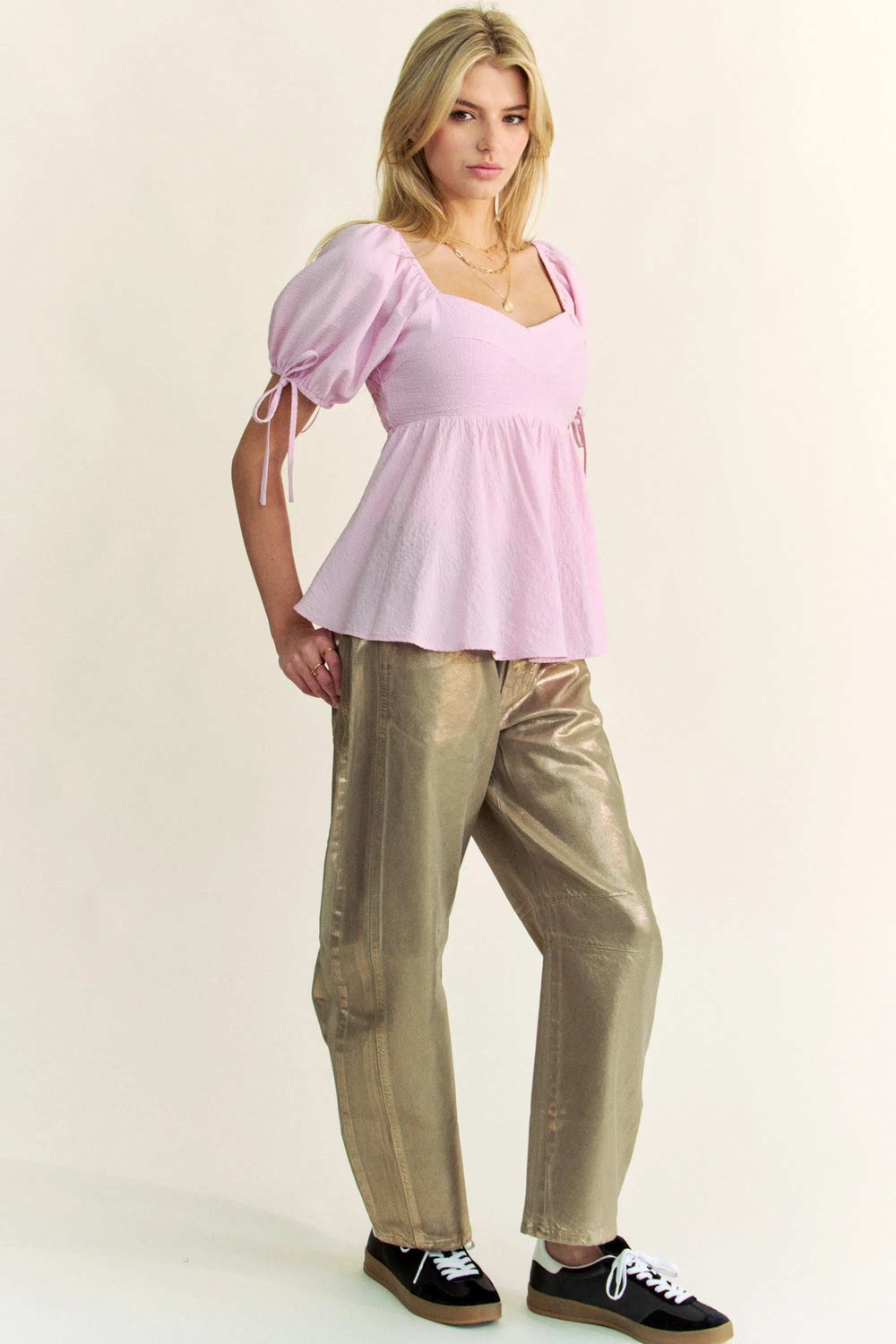 Davi & Dani Solid Elastic Peplum Puffed Sleeves Blouse - Trendsi - Flyclothing LLC