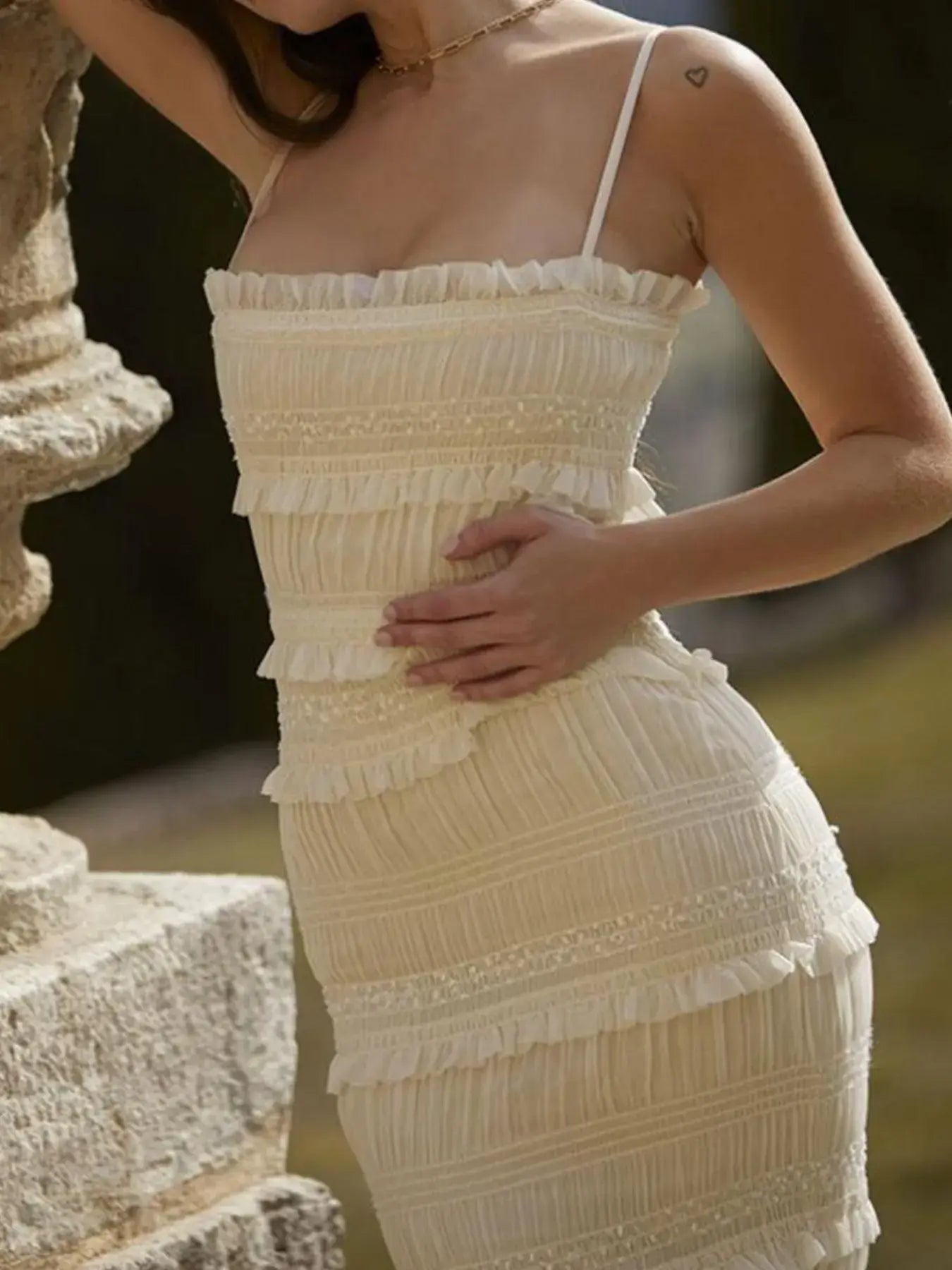 Frill Tiered Textured Maxi Cami Dress - Trendsi - Flyclothing LLC