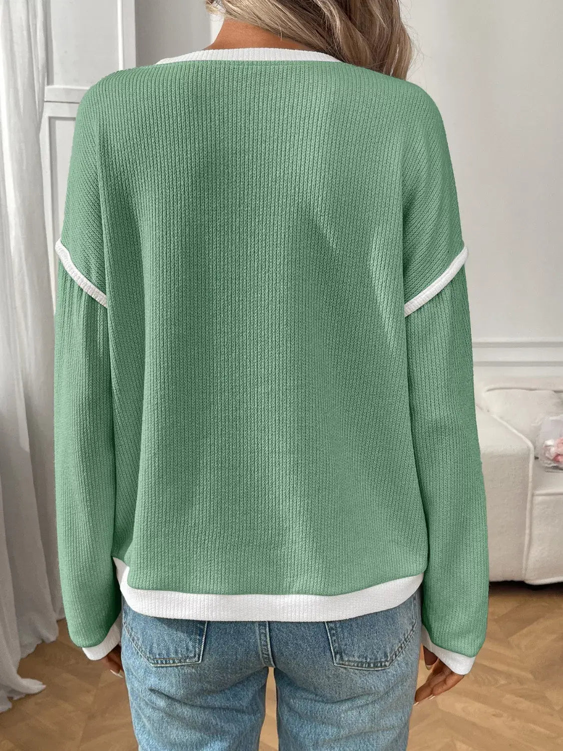 Ribbed Knit Contrast Trim Sweater - Trendsi - Flyclothing LLC
