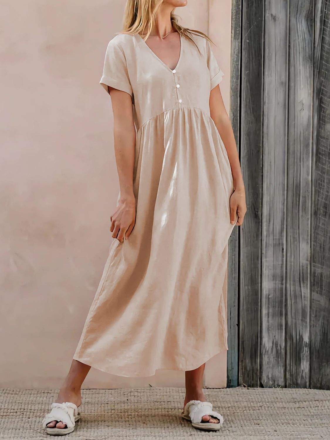 V-Neck Short Sleeve Midi Dress - Trendsi - Flyclothing LLC