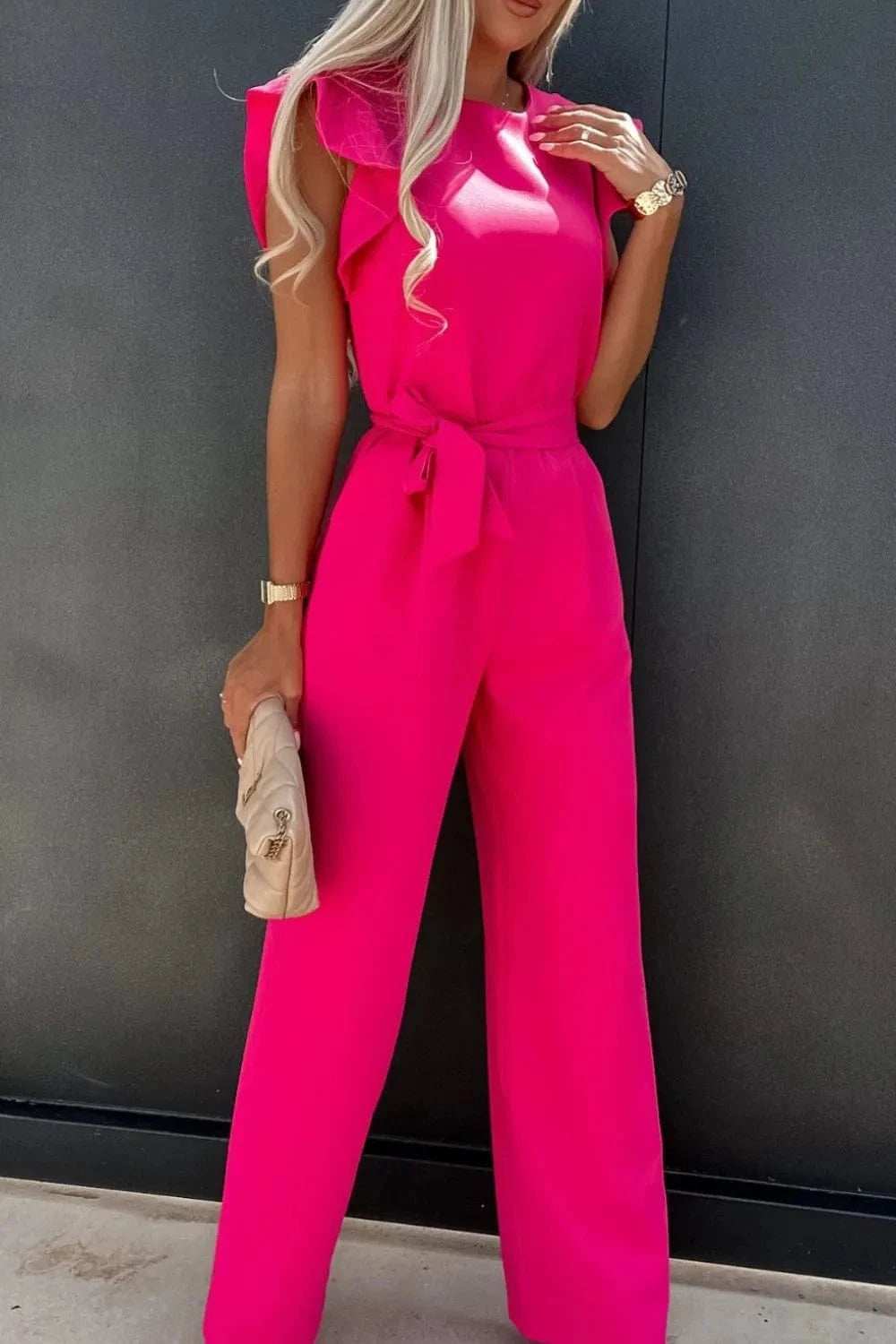 Round Neck Cap Sleeve Jumpsuit - Trendsi - Flyclothing LLC