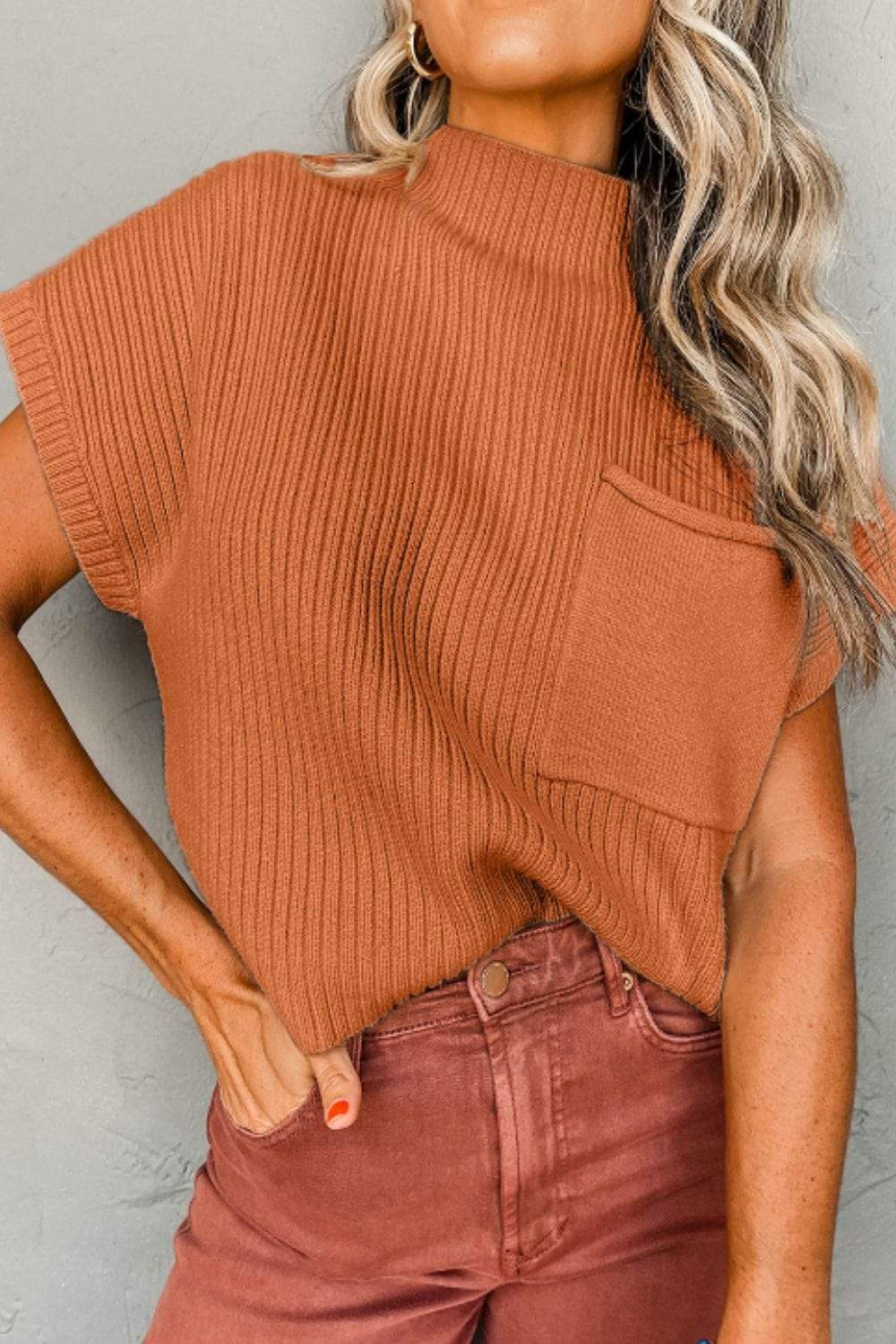 Mock Neck Sweater Vest with Chest Pocket - Trendsi - Flyclothing LLC