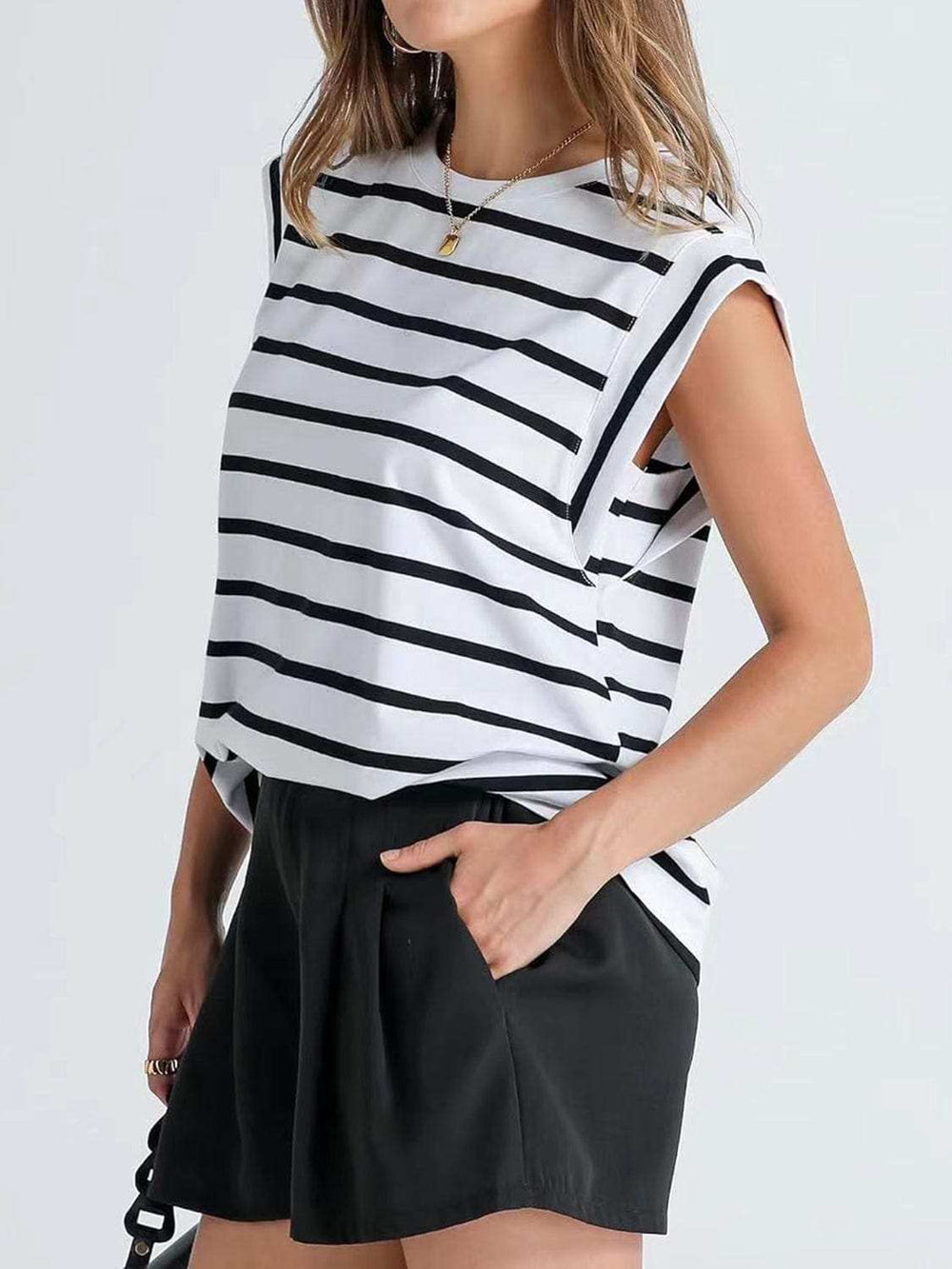 Striped Round Neck Cap Sleeve T-Shirt - Trendsi - Flyclothing LLC