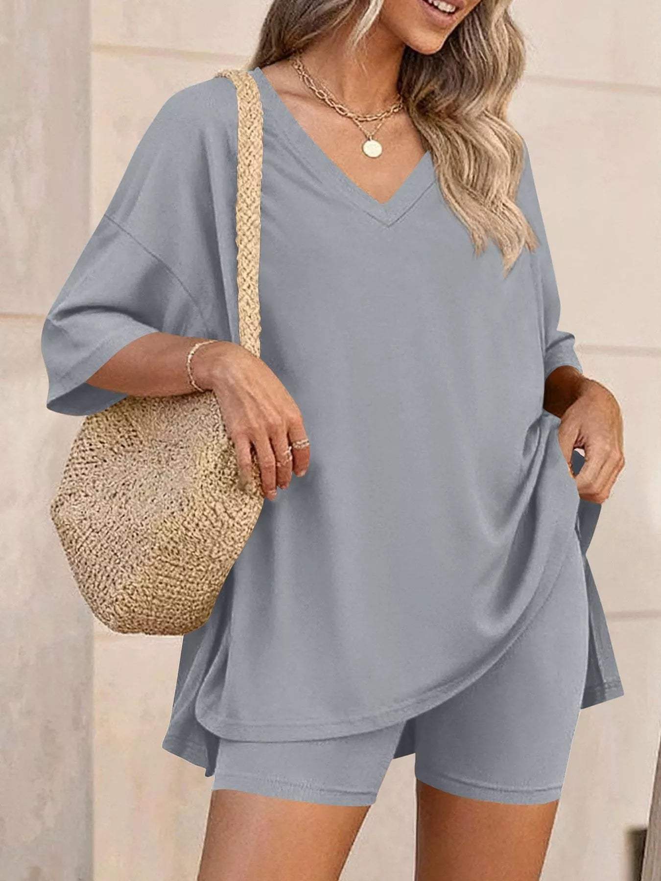 Full Size Casual Loose V-Neck T-Shirt & Shorts Set Plus Size - Trendsi - Flyclothing LLC