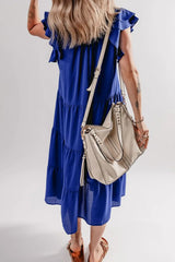 Ruffled Short Sleeve Collared V Neck Tiered Midi Dress - Trendsi - Flyclothing LLC