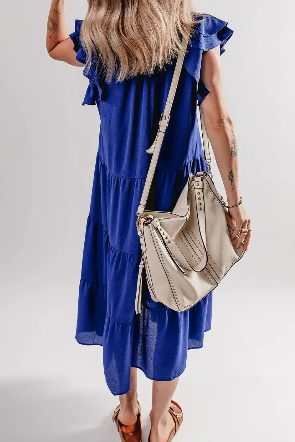 Ruffled Short Sleeve Collared V Neck Tiered Midi Dress - Trendsi - Flyclothing LLC